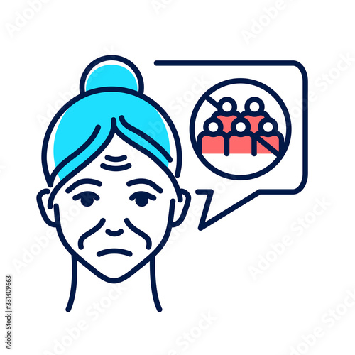 Old woman with speech bubble withhout social activities line color icon. Symptom dementia. Introversion. Sign for web page, mobile app, button, logo. Editable stroke