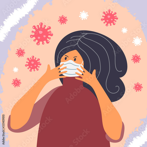 Masked woman, coronavirus, infectious banner vector illustration
