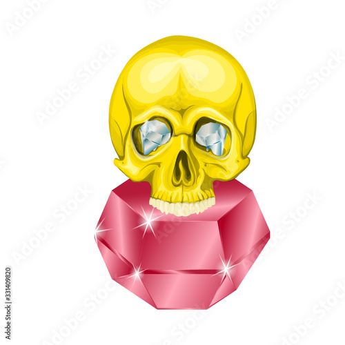 diamond gold human skull with red ruby eyes