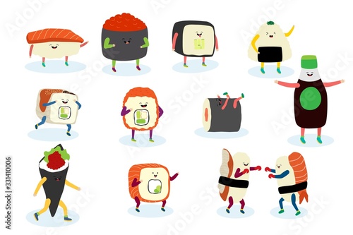Sushi, sashimi with smile, hands, legs on cartoon asian food vector person comic illustration isolated on white. Sushi with shrimp, roll with rice, fish, seafood, nori and soy sauce dancing, fighting
