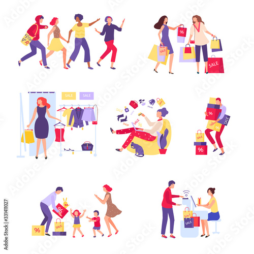 Shopper character people cartoon person hand drawn vector illustration isolated on white. Buyers carry purchase in store. Women try on clothes, choose children toys. Boy and girl shopping in mall.