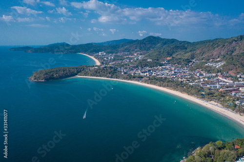 Aerial drone view of tropical Kata Noi Beach area in Phuket, Thailand