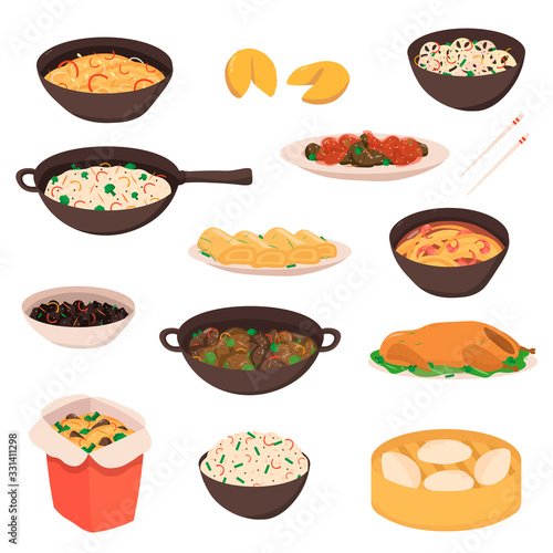 Chinese, asian street food traditional delicious cuisine cooking vector travel illustration isolated on white. Traditional fried, boiled meal in bowl, container with sauce. Noodle, duck, rice, seafood