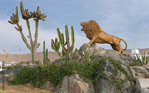 Statue of lion and cactus. Illo coast Peru