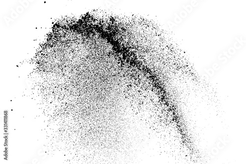 Explosion black grainy texture isolated on white background. Dust overlay. Dark noise granules. Digitally generated image. Vector design elements. Illustration, Eps 10.