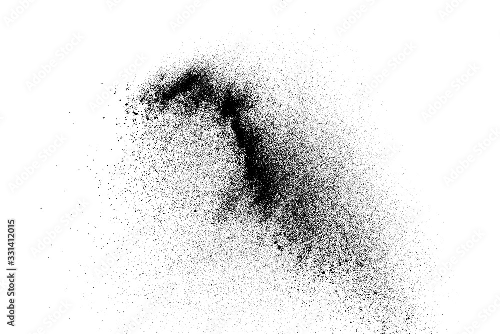 Explosion black grainy texture isolated on white background. Dust overlay. Dark noise granules. Digitally generated image. Vector design elements. Illustration, Eps 10.