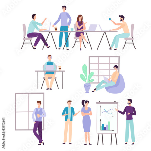 Man, women free co-working on computers, laptops with inspiration on workplaces modern office hand drawn vector illustration isolated on white. People work on chair with coffee, makes business concept