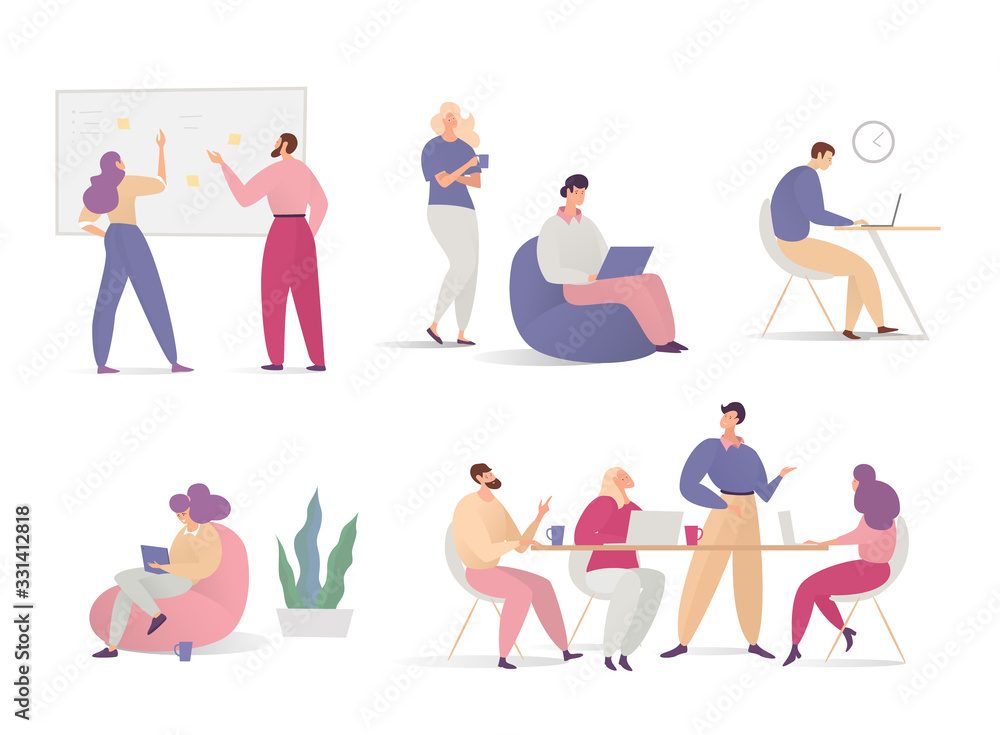 Fototapeta premium People co-working on computers on hand drawn office vector character business illustration isolated on white. Man, women free work on laptops with coffee, tea, sit chair, view diagram, read.