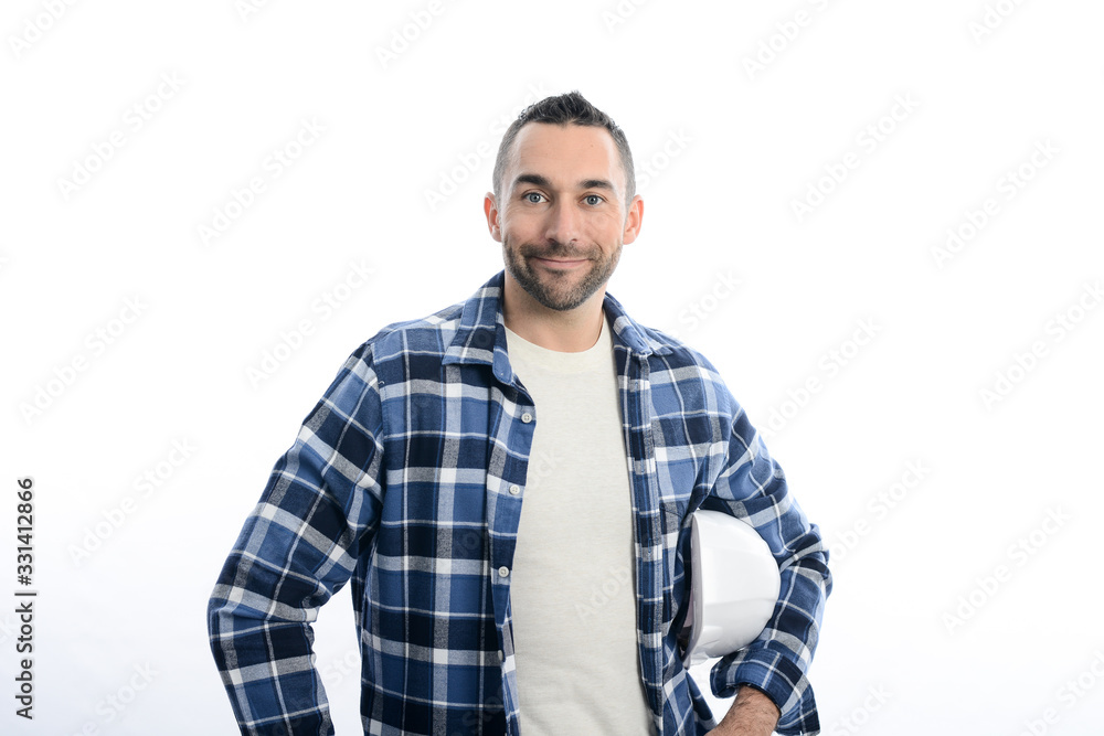 Fototapeta premium handsome young caucasian man construction worker electrician isolated on a white background