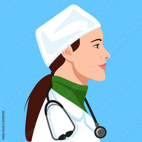 Beautiful woman doctor profile avatar. Healthcare personal. Pharmacy staff. Veterinarian. Hospital nurse.  Vector Illustration.
