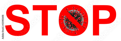 caution COVID-19 coronavirus banner. Coronavirus outbreak with red STOP sign. Pandemic medical concept with Novel corona virus cells. Vector illustration