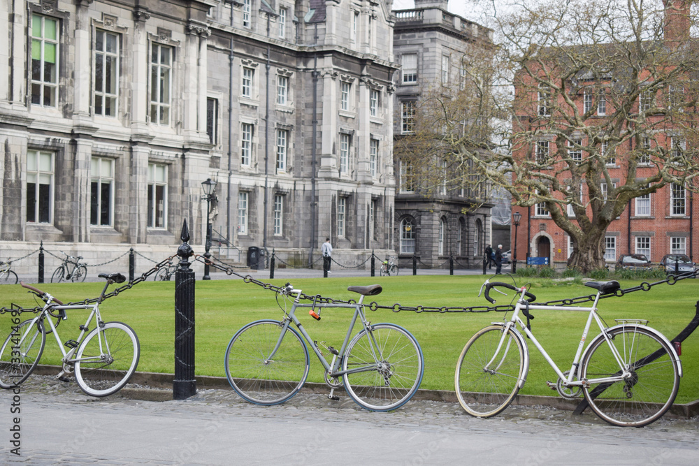 Fototapeta premium Bicicletas clásicas aparcadas en el patio de Trinity College en Dublin