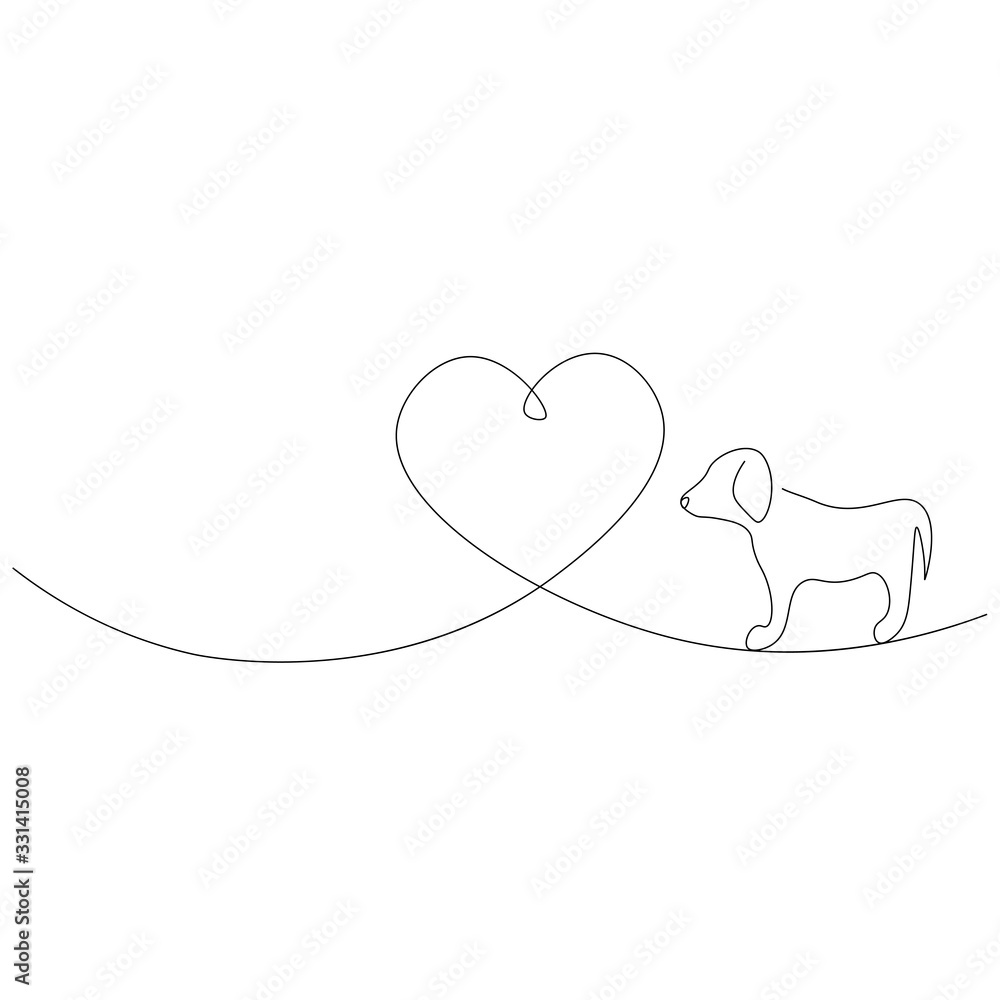Puppy dog heart love line drawing vector illustration