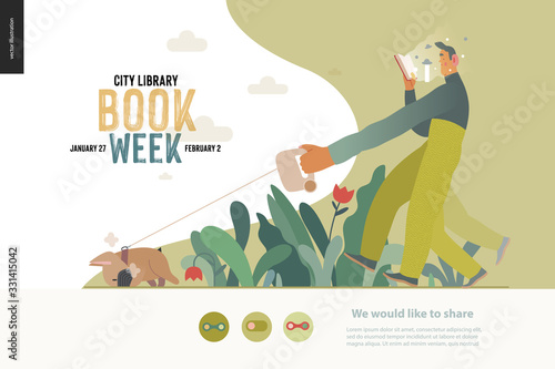 World Book Day graphics, dog walk web template, book week events. Modern flat vector concept illustrations of reading people -a man reading a book with enthusiasm, walking a bulldog pulling a leash