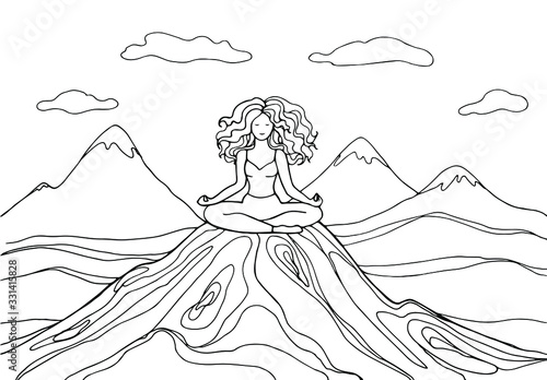 Yoga classes. Illustration on the theme of relaxation in nature. Yoga in the mountains. Travel and Vacation