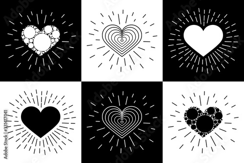 Creative design concept in the form of heart and rays for Valentine's day, mother's day, greeting cards for woman s day or love confession. Set. Love and healthy. Black and white.