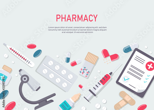 Medicine vector illustration. Pharmacy background, pharmacy desing, pharmacy templates. Medicine, pharmacy, hospital set of drugs with labels. Medication, pharmaceutics concept. Different medical