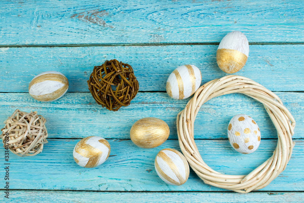 Happy Easter. eggs isolated on wooden table background.. Balls, wreath woven from the vines. Copy space for text. Top view. Happy Easter. eggs isolated on wooden table background.. Balls, wreath woven from the vines. Copy space for text. Top view.