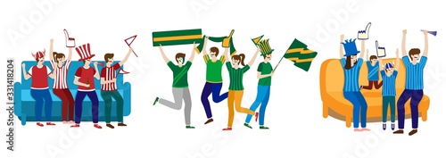 Football fanatic crowd having sport festivity on hand drawn vector illustration isolated on white. Fans rejoice with flags, horn, scarf. Soccer happy cheerleader group with people scream cheer, noise