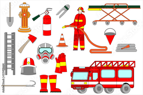 Professional firefighter in uniform in helmet, extinguisher, hydrant, car and stairs fireman vector illustration isolated on white. Man with gloves, boots, shovel and stretcher bed on wheels