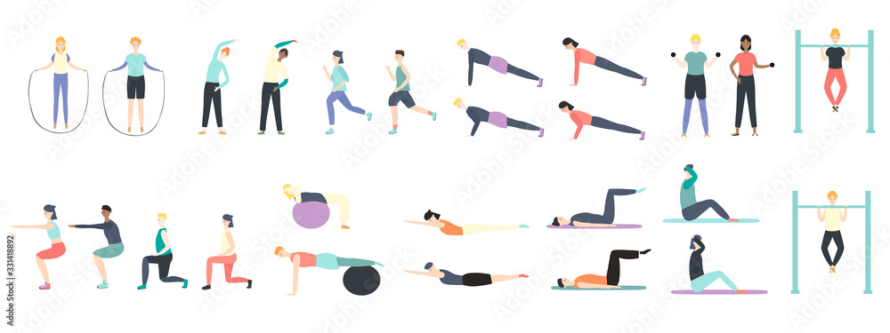 People doing health kinds of fitness exercises in vector sport healthy illustration isolated on white. Training in gym, cardio, yoga, treadmill, body lifting, more using machines. Healthy lifestyle.