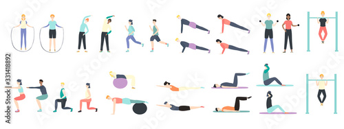 People doing health kinds of fitness exercises in vector sport healthy illustration isolated on white. Training in gym, cardio, yoga, treadmill, body lifting, more using machines. Healthy lifestyle.