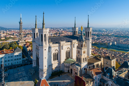 Lyon, Aerial view of Notre Dame de Fourviere Basilica photo