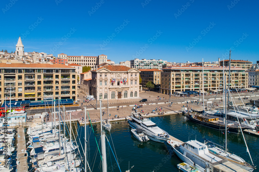 Marseille, Aerial view of Marseille Harbor (le vieux Port) and the town hall
