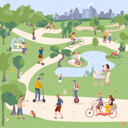 Fototapeta Naklejka Na Ścianę i Meble -  City Park vector illustration, people in city parkland ride bike, monocycle, Segway, skateboard and scooter. Family have picnic. Man playing with pet. Man and woman jogging outdoor. Female holds child