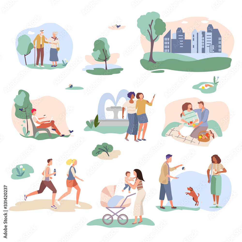 Happy people in park city on gardening character nature vector cartoon illustration isolated on white. Man, women runs.