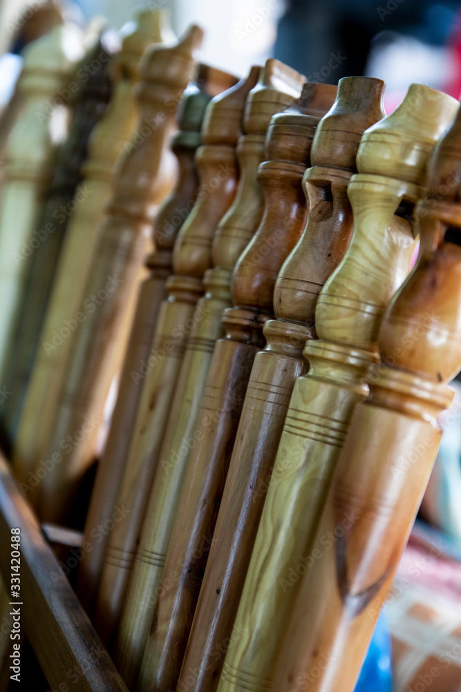 Flutes or dulzainas carved by hand in different types of wood. Lion. Spain. Flutes or dulzainas carved by hand in different types of wood. Lion. Spain.