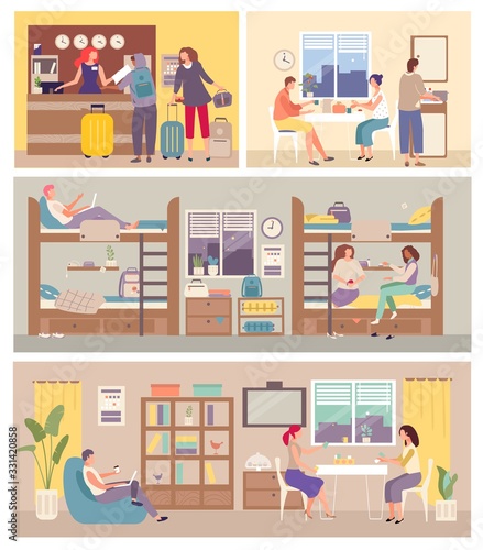 Hostel Interior for tourist. People settle in hostelry, living, sleeping, eating on hand drawn vector illustration. Hosteller study in academic year. Locate in bedroom, reception, cupboard, dining.
