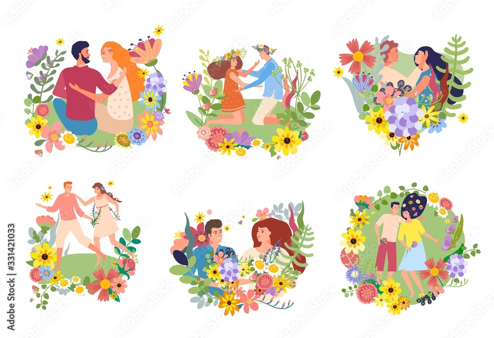 Boy and girl flowered frame on gently hug. Sit walk on flowery nature on hand drawn vector illustration isolated on white. Couple leaves people card wedding invitations. Flower frame Boy and girl flowered frame on gently hug. Sit walk on flowery nature on hand drawn vector illustration isolated on white. Couple leaves people card wedding invitations. Flower frame