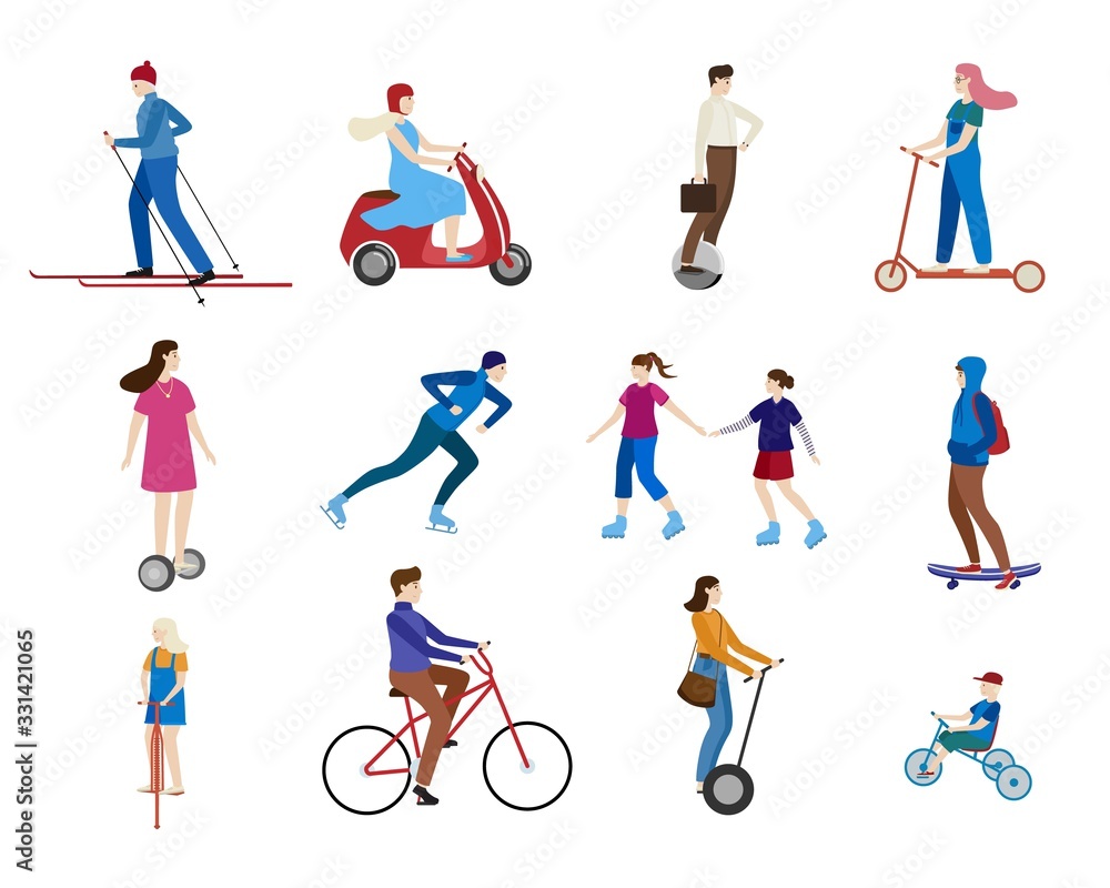 Young people riding scooter, skates on sport transport outdoor character healthy cartoon vector illustration isolated on white. Active boy, girl riding bikes, segway, unicycle, skiing