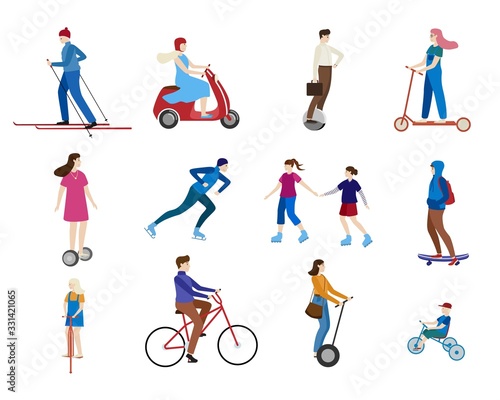 Young people riding scooter  skates on sport transport outdoor character healthy cartoon vector illustration isolated on white. Active boy  girl riding bikes  segway  unicycle  skiing