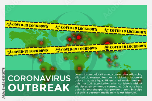 2019-ncov corona virus global pandemic outbreak concept. World map with red hotspots with biohazard sign and COVID-19 lockdown label across.