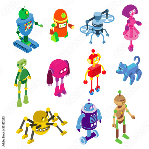 Robots collection on vector robotic characters illustration isolated on white. Robotized toys in isometric machine style. Cute mechanical automated cartoon dog, girls, alien, monster and spider.