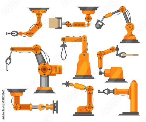 Industrial robots manipulators collection vector robotic illustration isolated on white. Robotized arm modern industry robotically technology. Factory machinery automatic element. Manufacture set