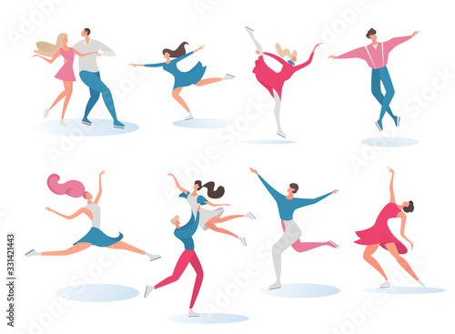 Skater young girl, boy dance on sport ice active outline vector cartoon person illustration isolated on white. Winter cartoon set. People with colorful hair skating and do exercise, jump, do tricks.
