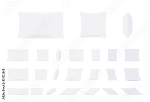 Bed pillows set. Comfort textile for sleeping, luxury home or hotel fabric to rest neck, head, spine and body, good night sleep or day nap, Vector flat style cartoon illustration, different views