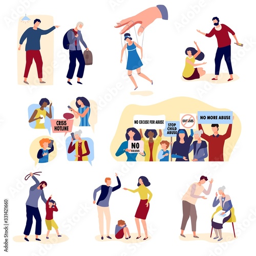 Collection of violence with people on character conflict hand drawn vector illustration isolated on white. Conflicts in family between parents and children, violence husband and wife, crisis hotline.