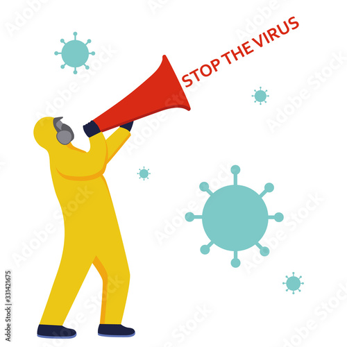 Stop the virus slogan with virus illustration and a man in a chemical protective suit. Covid-19. Coronavirus vector illustration. Save the people