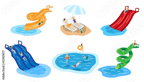 Water park with people in aqua summer hand drawn character vector illustration isolated on white. Man, women, children on swimsuits resting on deck chair, sunbathing, swimming, go down hill in pool.