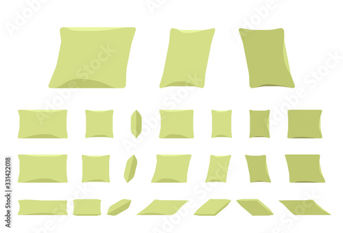 Bed pillows set. Comfort for sleeping, luxury home or hotel fabric to rest neck, head, spine and body, good night sleep or day nap, Vector flat style cartoon illustration, different views
