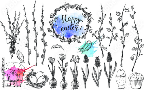 Hand drawn ink easter set with willow wreath, branches, crocus, hyacinth, egg, nest, cake and watercolor splash.