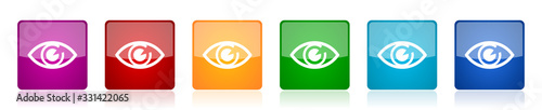 Eye icon set, colorful square glossy vector illustrations in 6 options for web design and mobile applications
