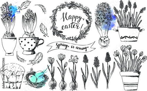 Hand drawn ink easter spring set with crocus and hyacinth flowers, eggs, nest, cake and blue watercolor splashes.
