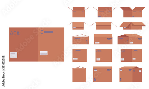 Large moving cardboard box set with fragile signs for packing items into storage. Home or office bundle to pack up personal things, books. Vector flat style cartoon illustration, different views