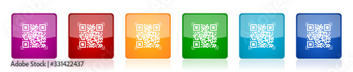 Qr code icon set, shopping colorful square glossy vector illustrations in 6 options for web design and mobile applications