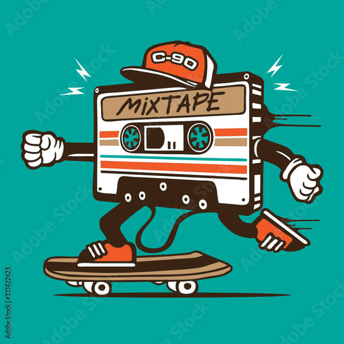 Cassette Mix Tape Retro Vintage Music Skateboarding Character Design